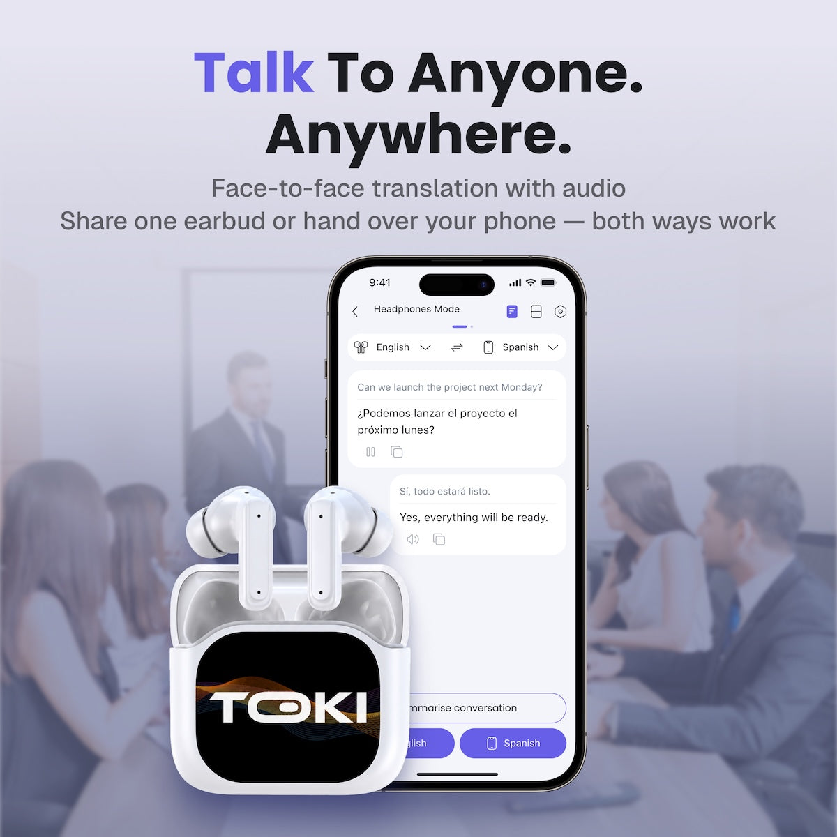 Toki Pro-5 AI Translation Earbuds With Smart LCD Charging Case
