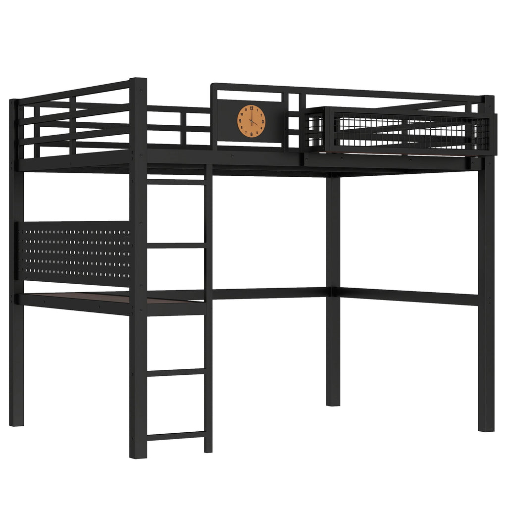 Full Size Loft Bed Frame with Desk and Storage Basket
