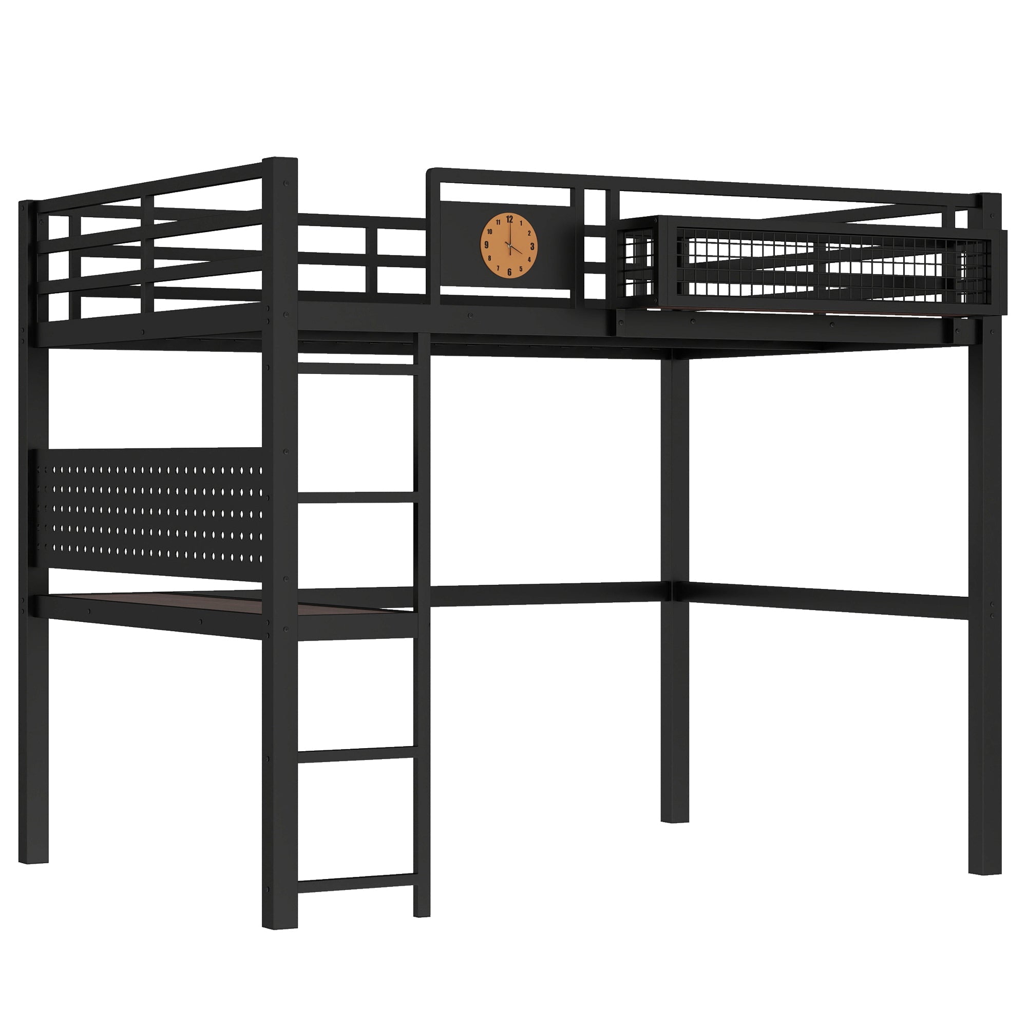 Full Size Loft Bed Frame with Desk and Storage Basket