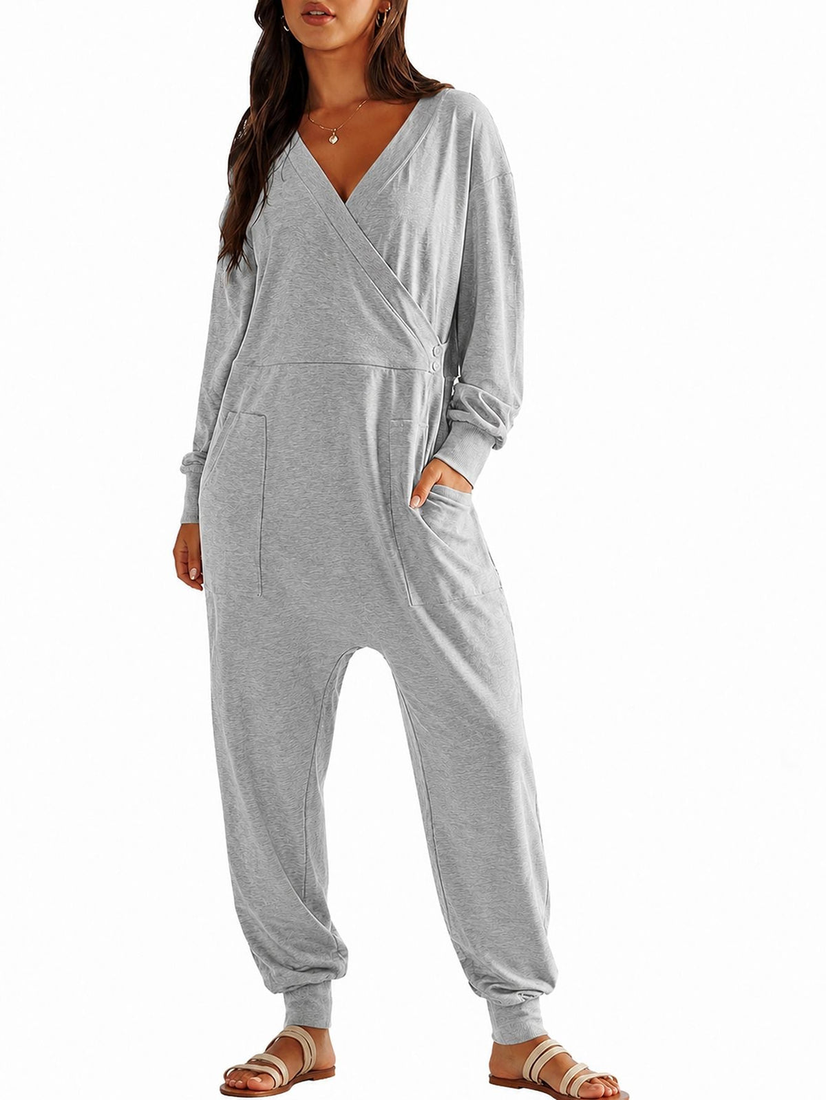 Loose-fit V-neck Casual Long-sleeve Jumpsuit