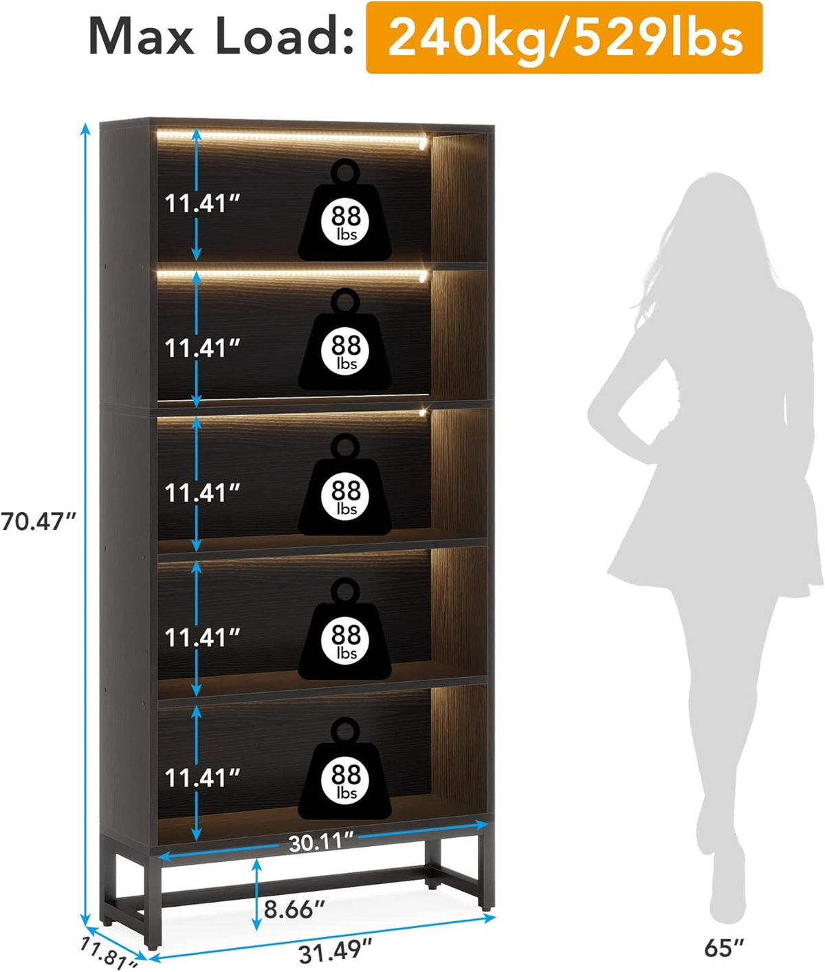 70.87" Black 5-Tier LED Library Bookshelf