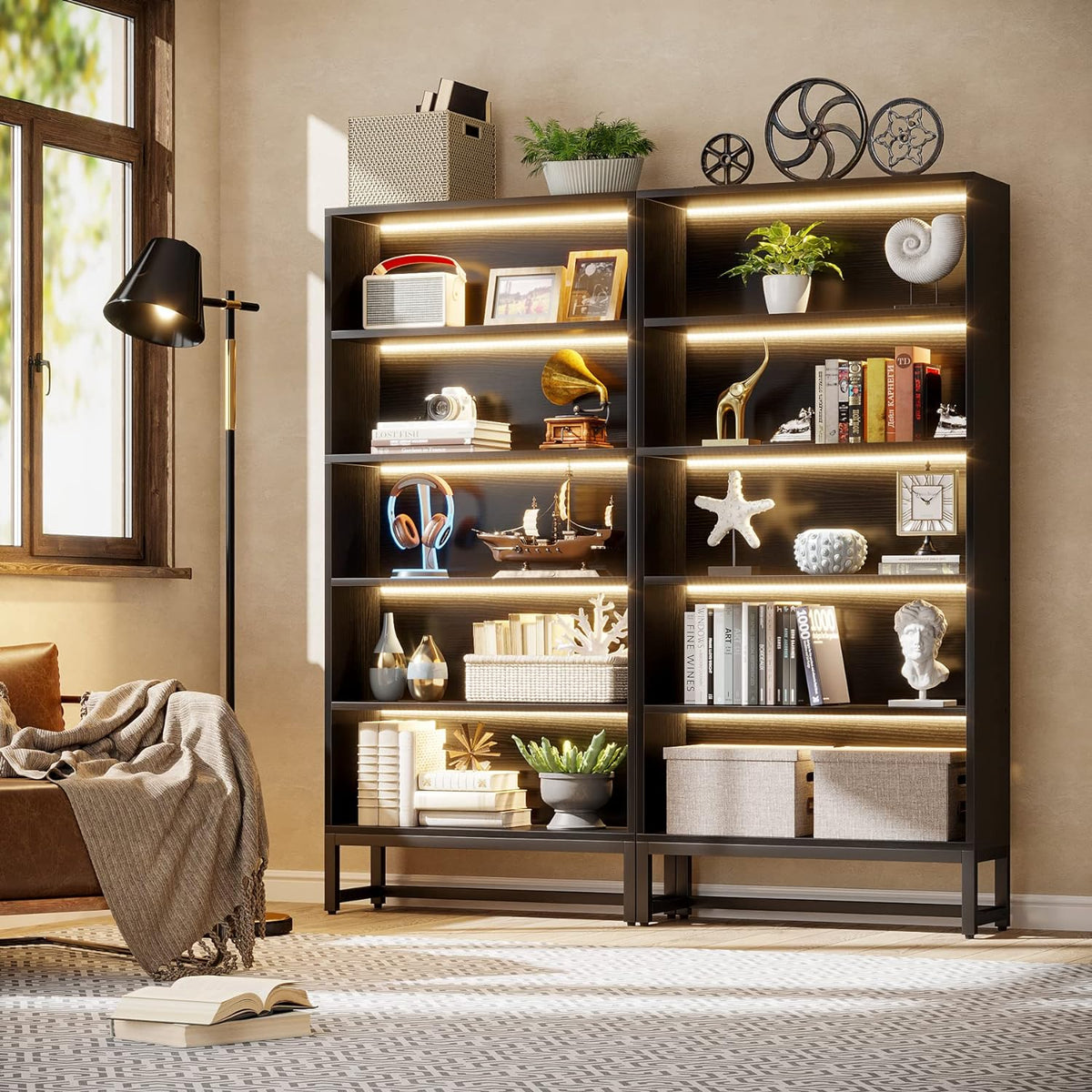 70.87" Black 5-Tier LED Library Bookshelf