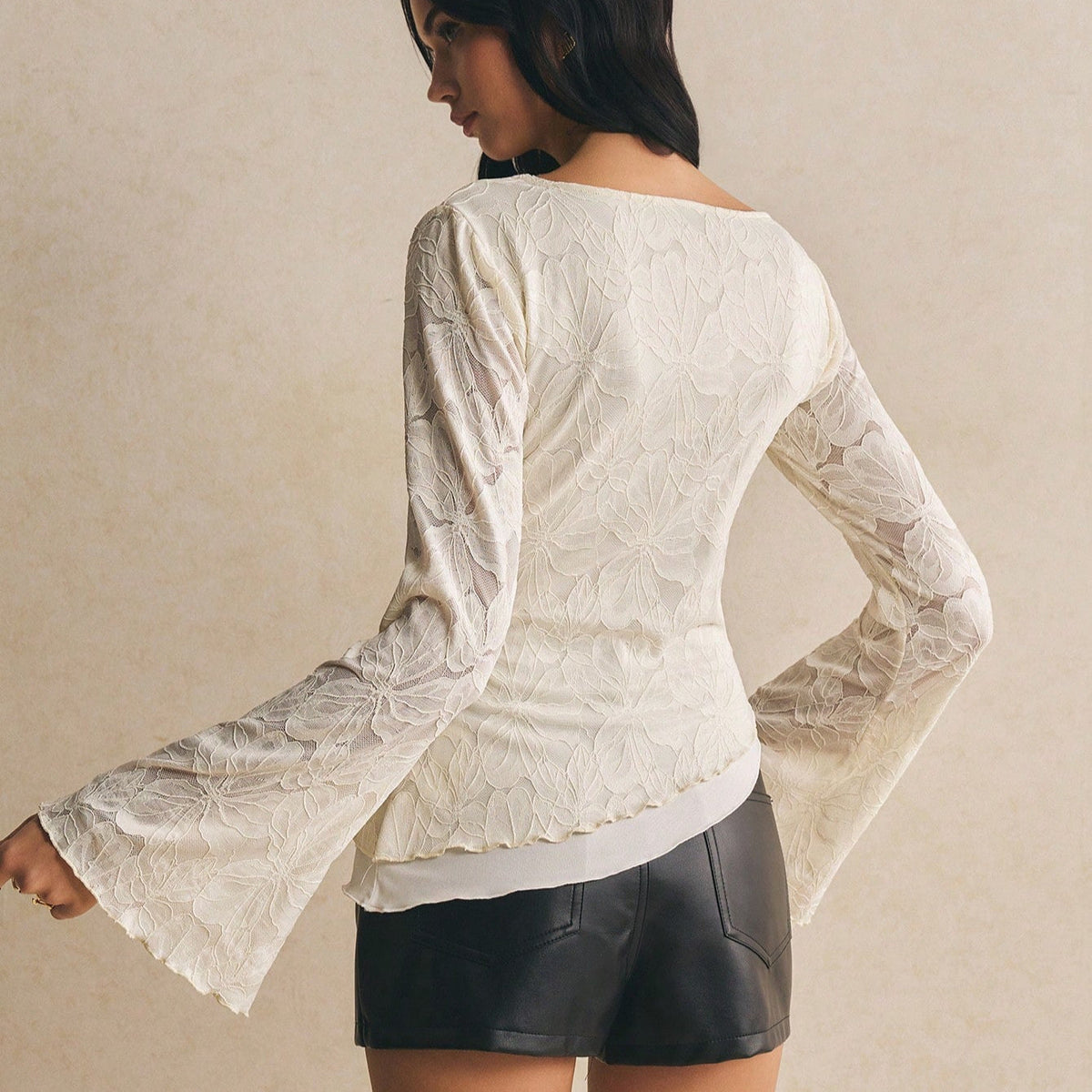 Women's Lace-Panel Long-Sleeve Embroidered Top