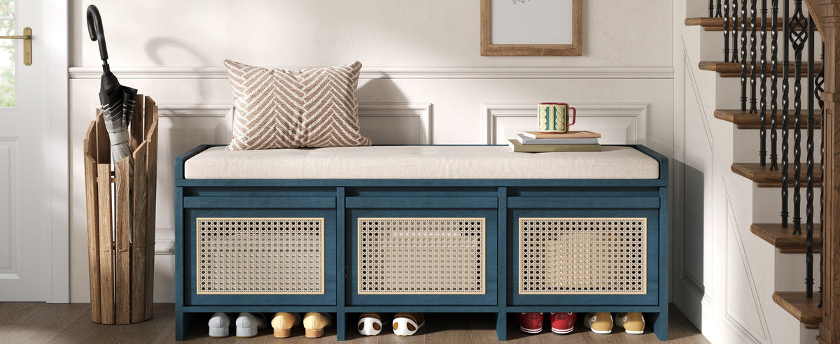 TREXM 48" Entryway Shoe Bench, Retro Style with Rattan Drawers