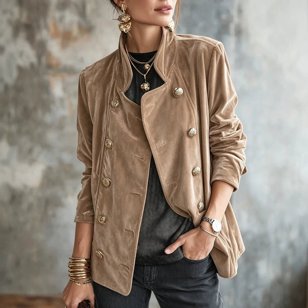 Vintage-chic Gold Velvet Coat For Women