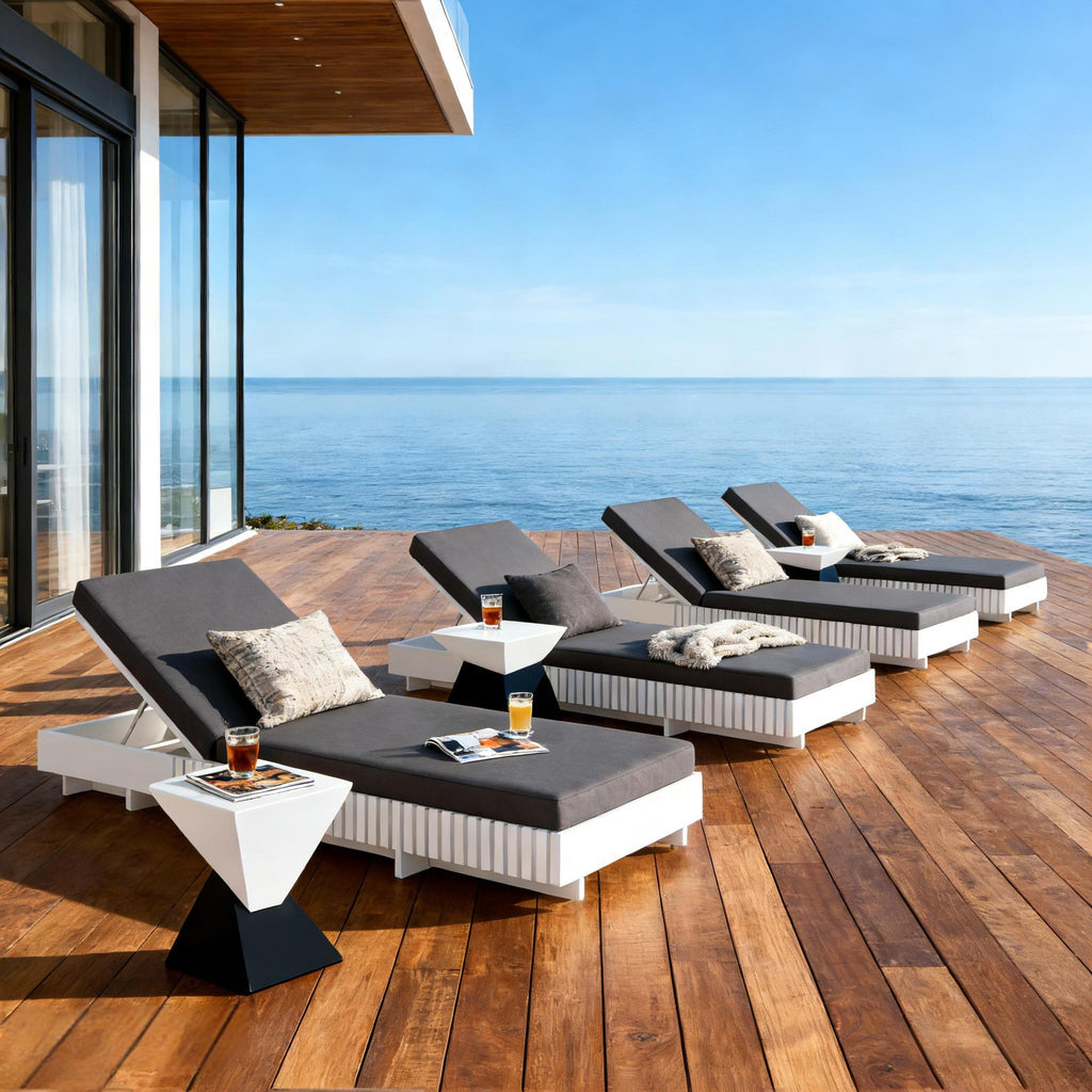 White Acacia Solid Wood Outdoor Chaise Lounge with Dark Cushion