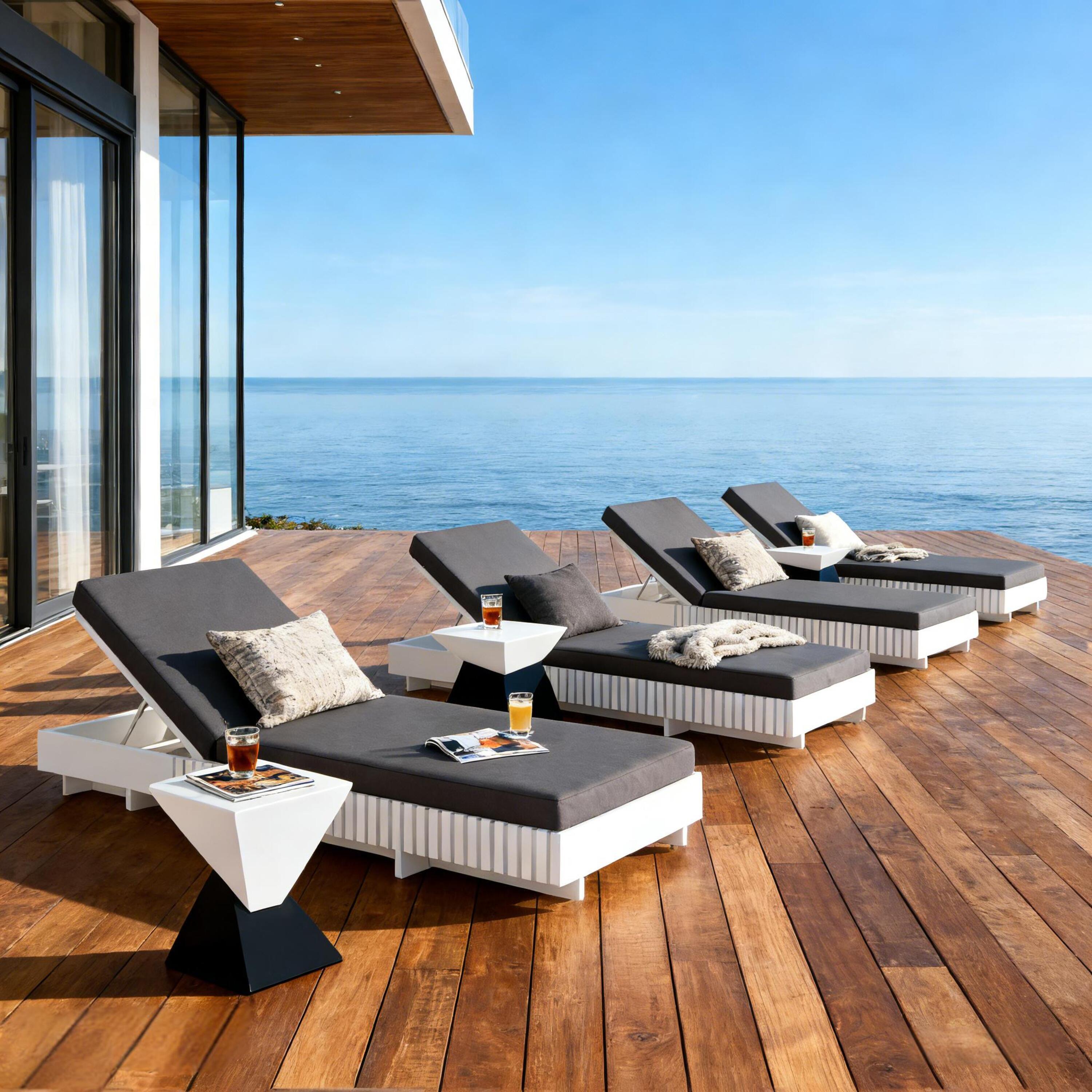 White Acacia Solid Wood Outdoor Chaise Lounge with Dark Cushion