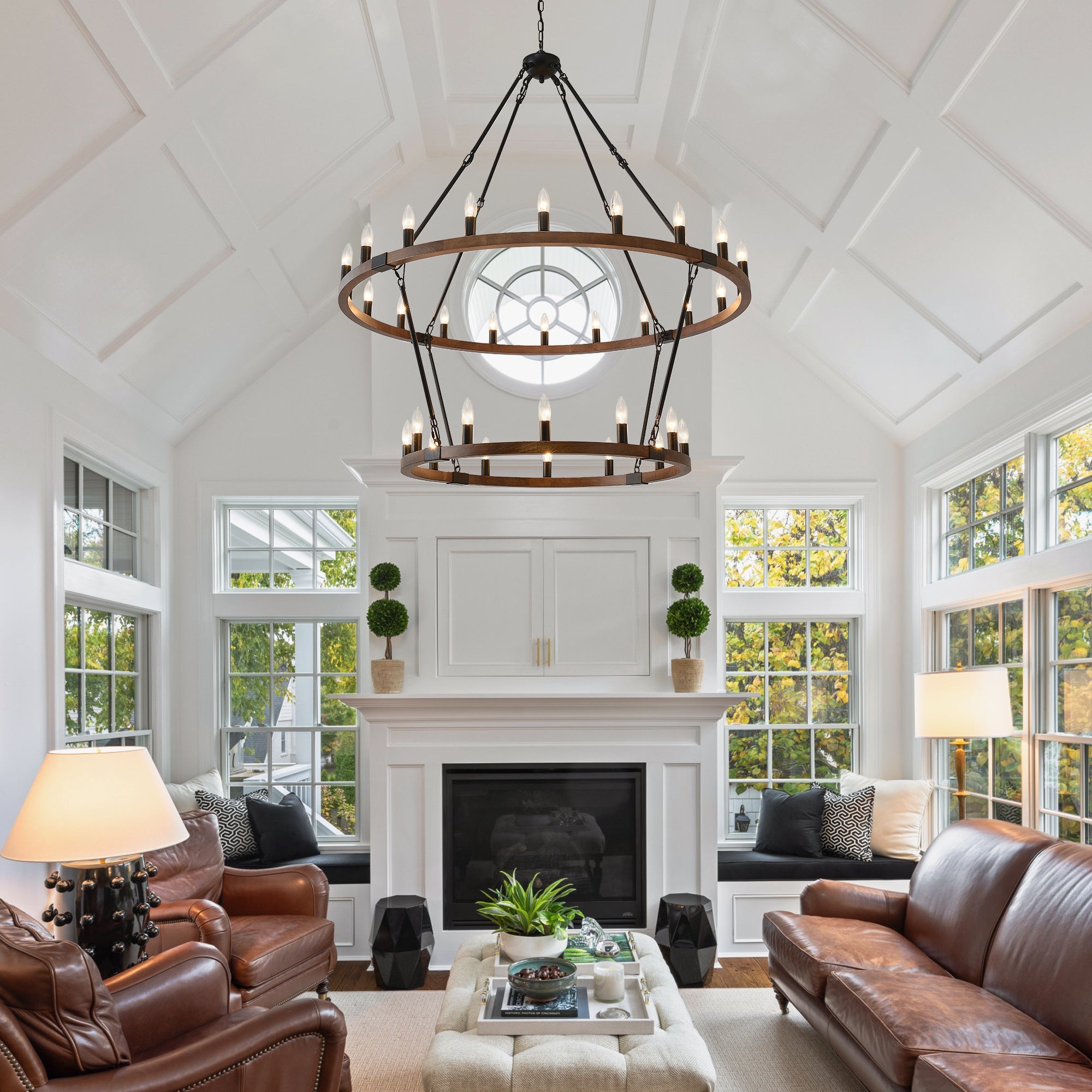 Large Solid Wood Wagon Wheel Chandelier - 32 Lights