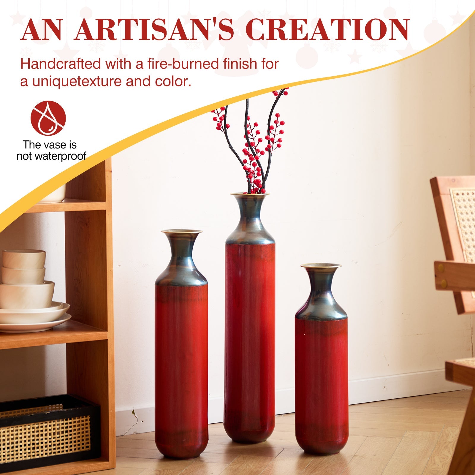 Artisanal Fire-Finished Metal Vases, Set of 3