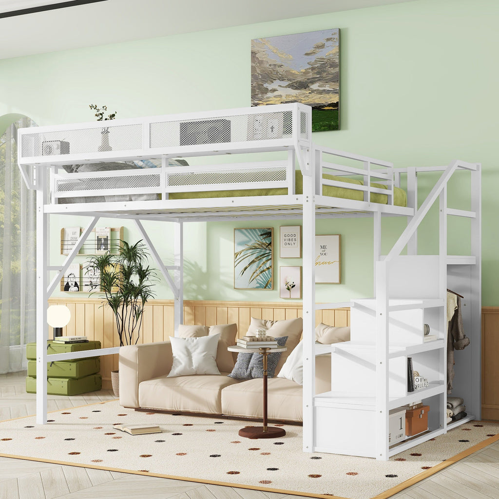 Queen Size Loft Bed with Stairs and Storage Shelves