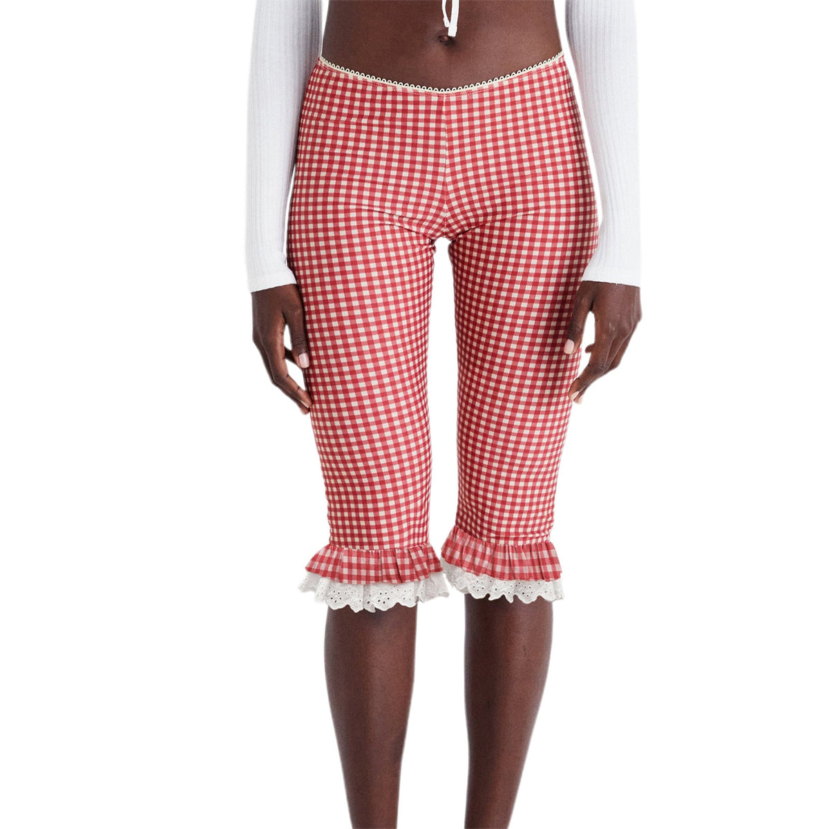 Womens Capri Pants With A Plaid Lace Flounce Hem