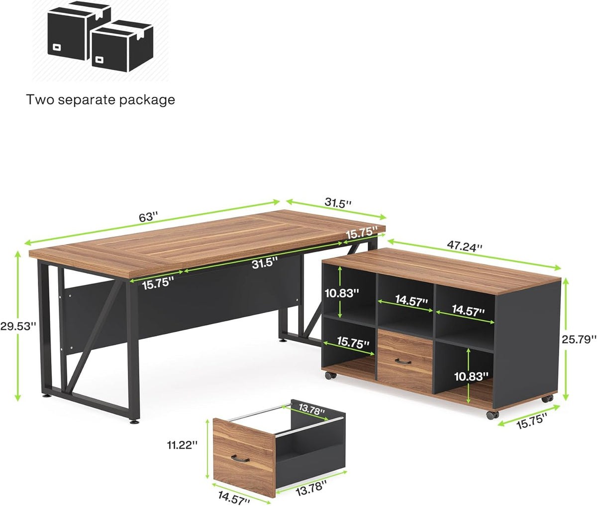 63-Inch Executive Desk with Mobile File Cabinet