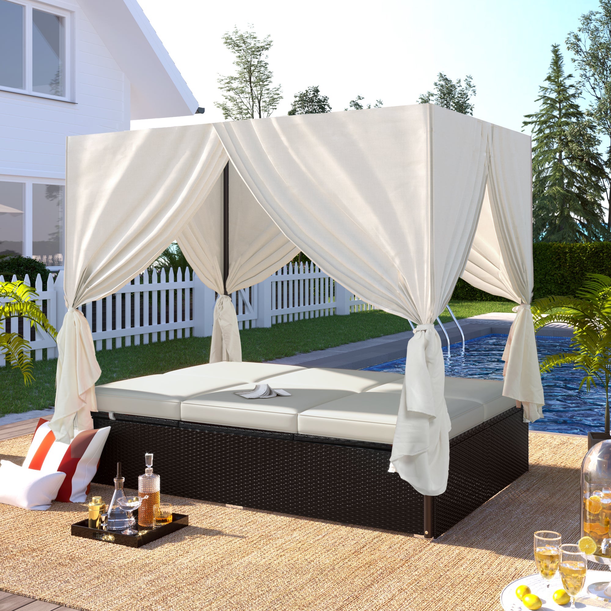 U_Style Outdoor Double Chaise Lounge Daybed with Curtains