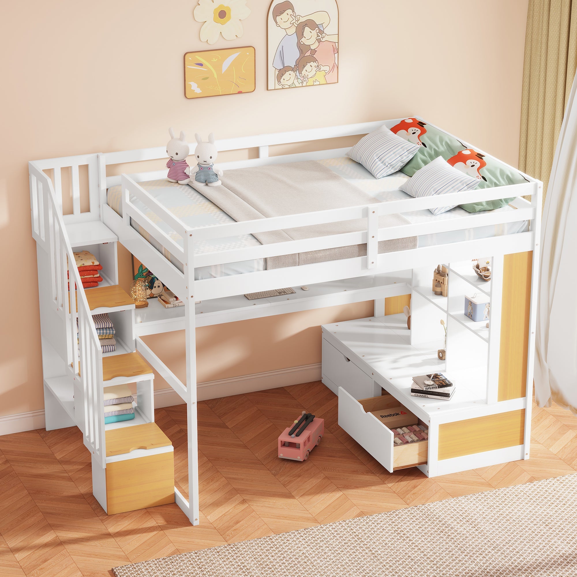 Full Size Loft Bed With Desk And Shelves, Two Built-in Drawers, Storage Staircase