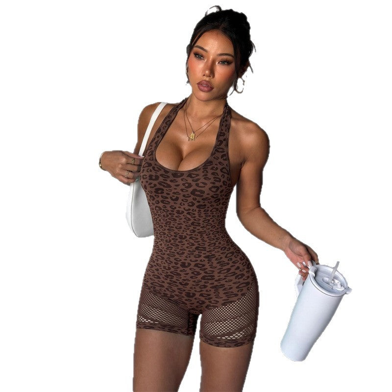 New Cross-border Product Leopard Print One-piece Yoga Outfit For Women, Halter Neck, Backless, Butt-lifting Shorts, Integrated Sports And Fitness Jumpsuit