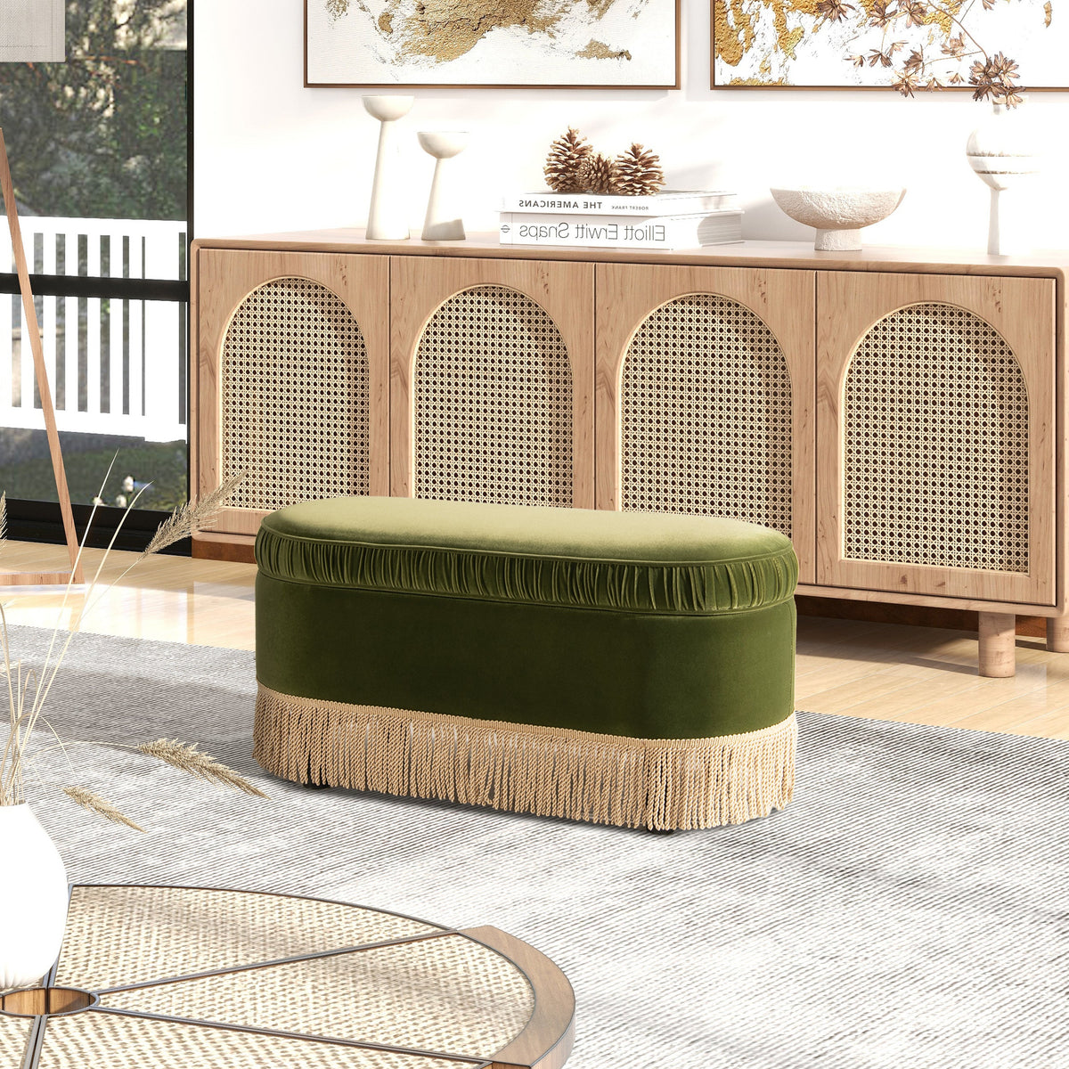 Serena 38" Oval Storage Bench Ottoman, Olive