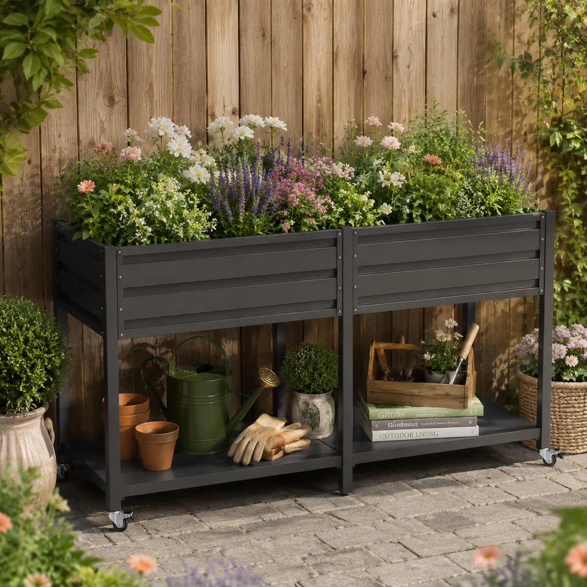 2-Tier Elevated Metal Wicking Garden Bed with Lockable Wheels