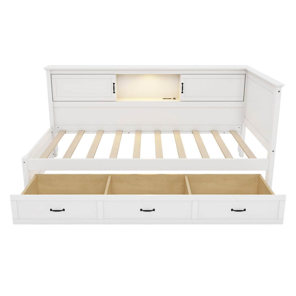 L-Shaped Bed Frame with Drawer and Bookcase