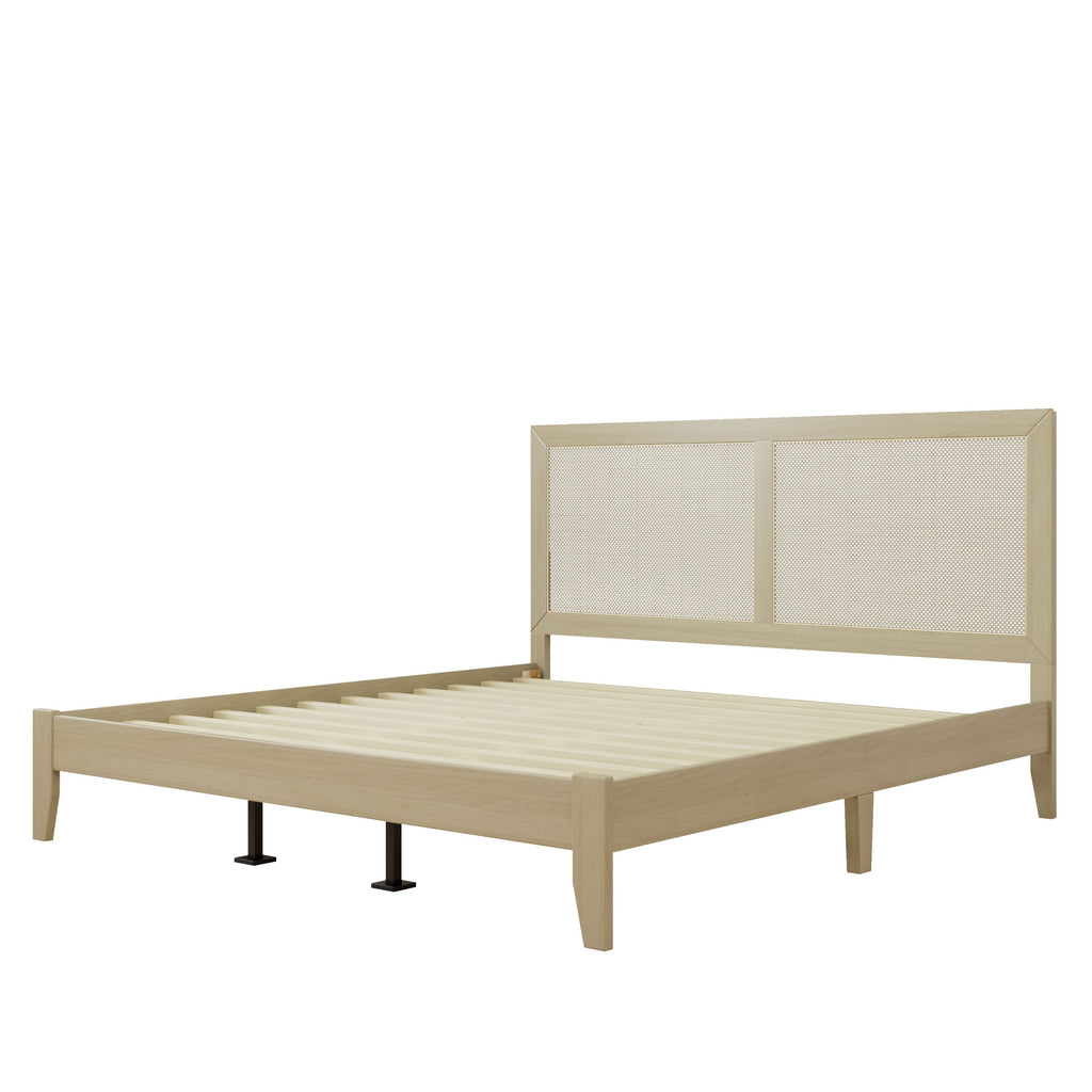 Solid Wood Platform King Bed With Rattan