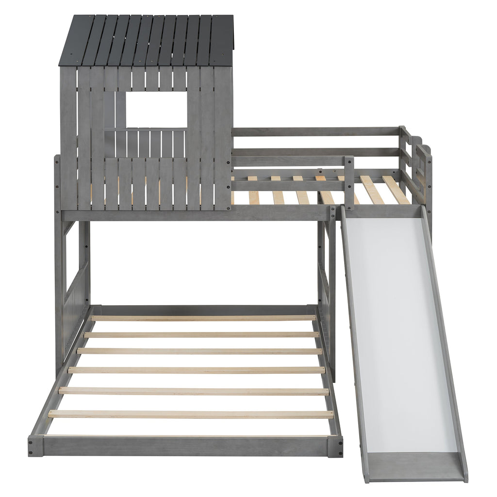 Wooden Twin Over Full Bunk Bed with Playhouse