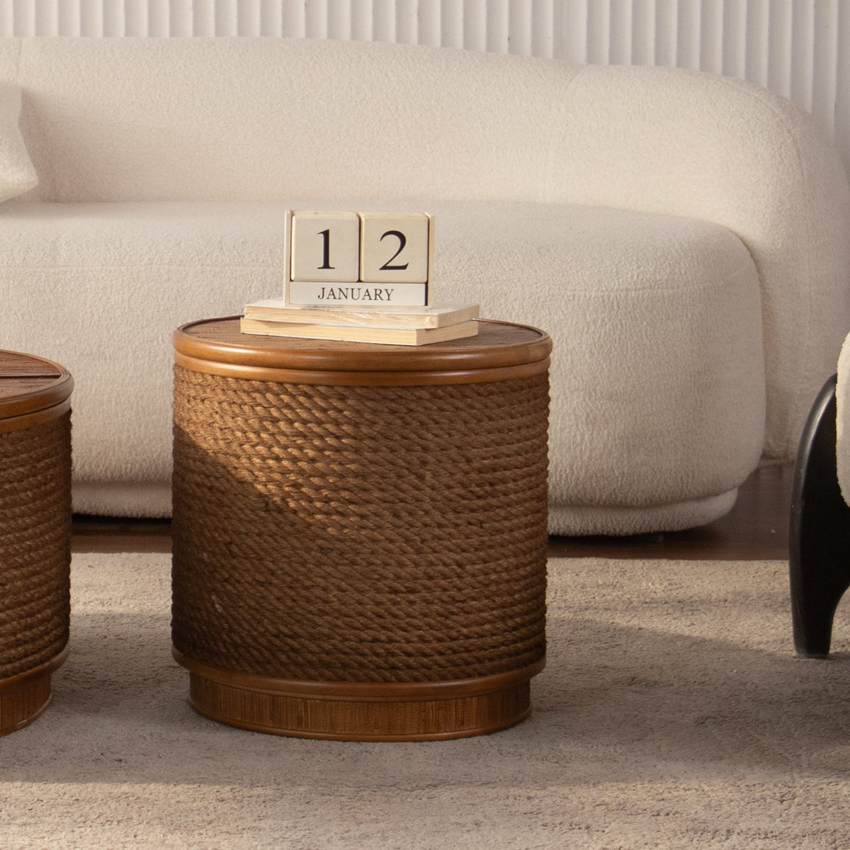 Round Rattan Coffee Table with Lift-Off Lid Storage