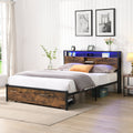 Full Size Metal Platform Bed Frame with Wooden Headboard and USB Charging