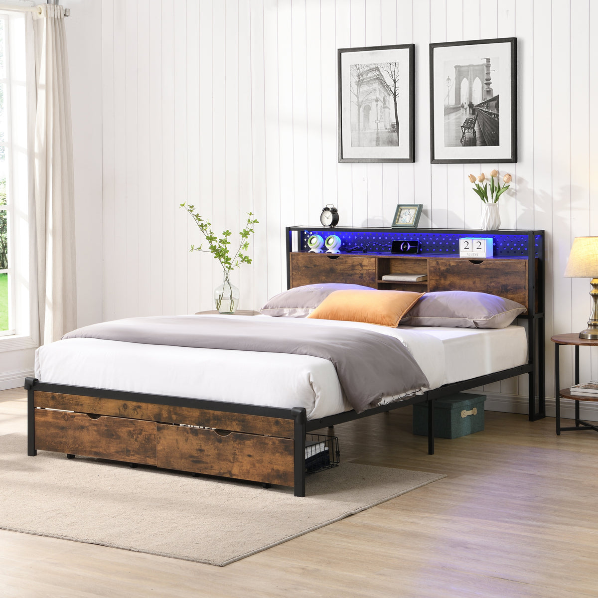King Size Metal Platform Bed Frame with Wooden Headboard