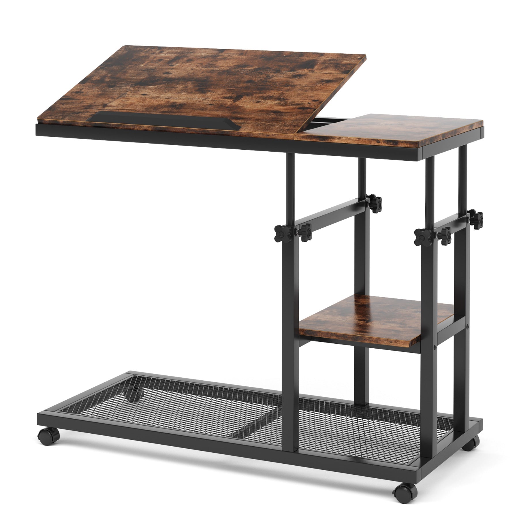 Rustic 32” Width Adjustable C-Shaped End Table with Wheels
