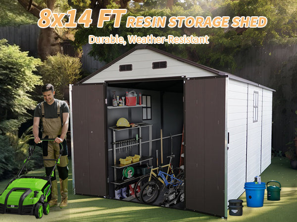8x14x7.6 Ft Outdoor Resin Storage Shed with Windows