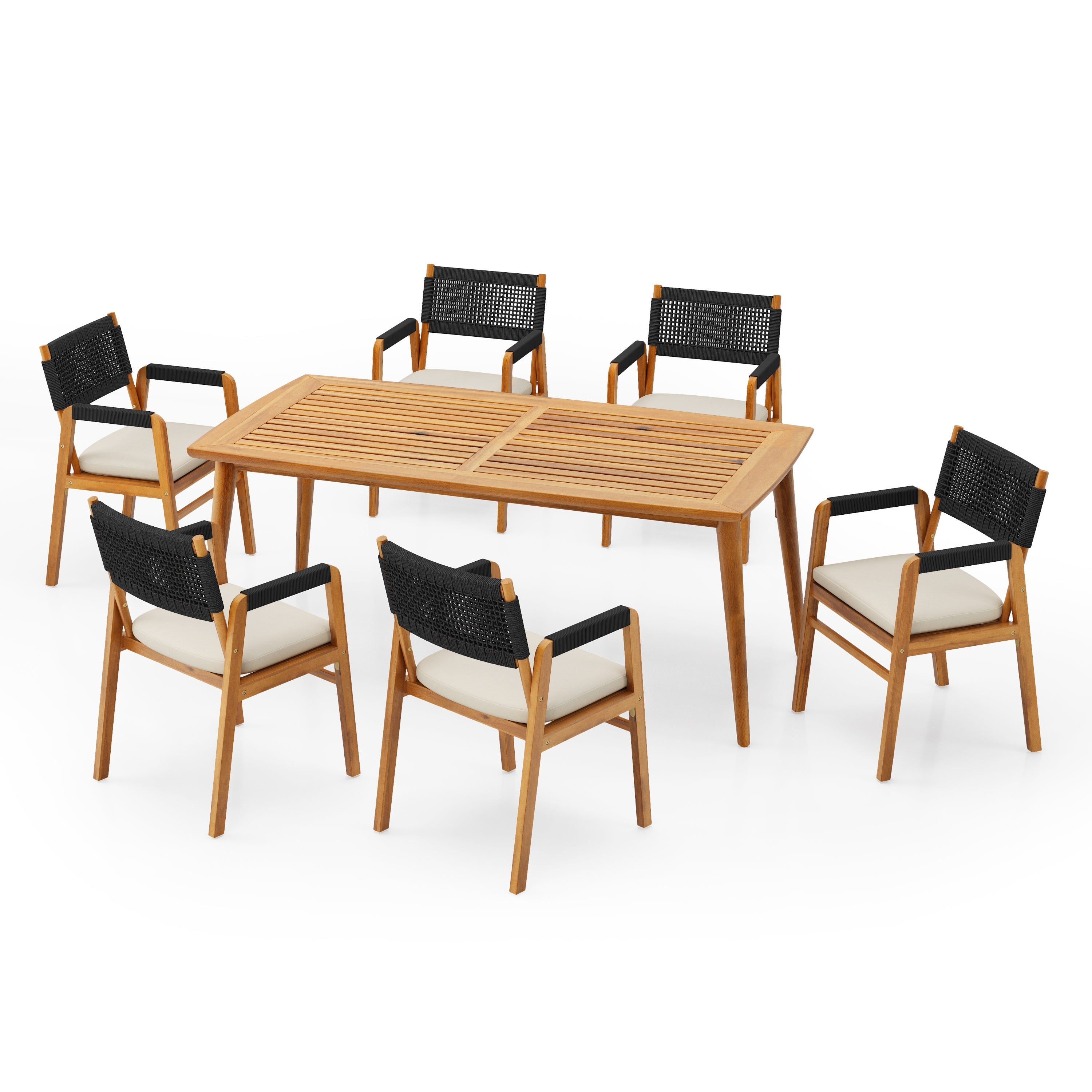 Outdoor Acacia Wood 7-Piece Dining Set with Rope-Woven Armchairs