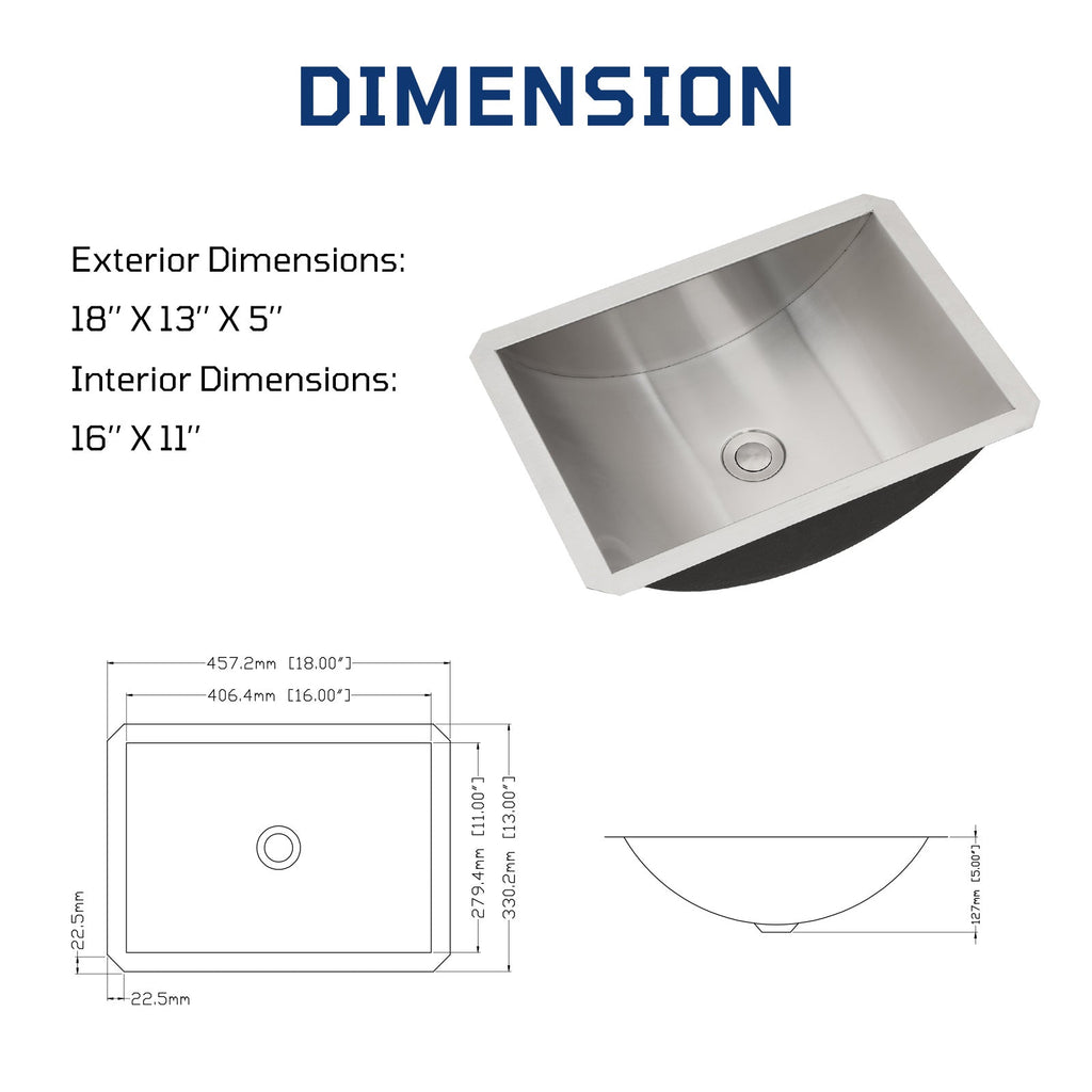 18"x13" Brushed Nickel Stainless Steel Undermount Bathroom Sink