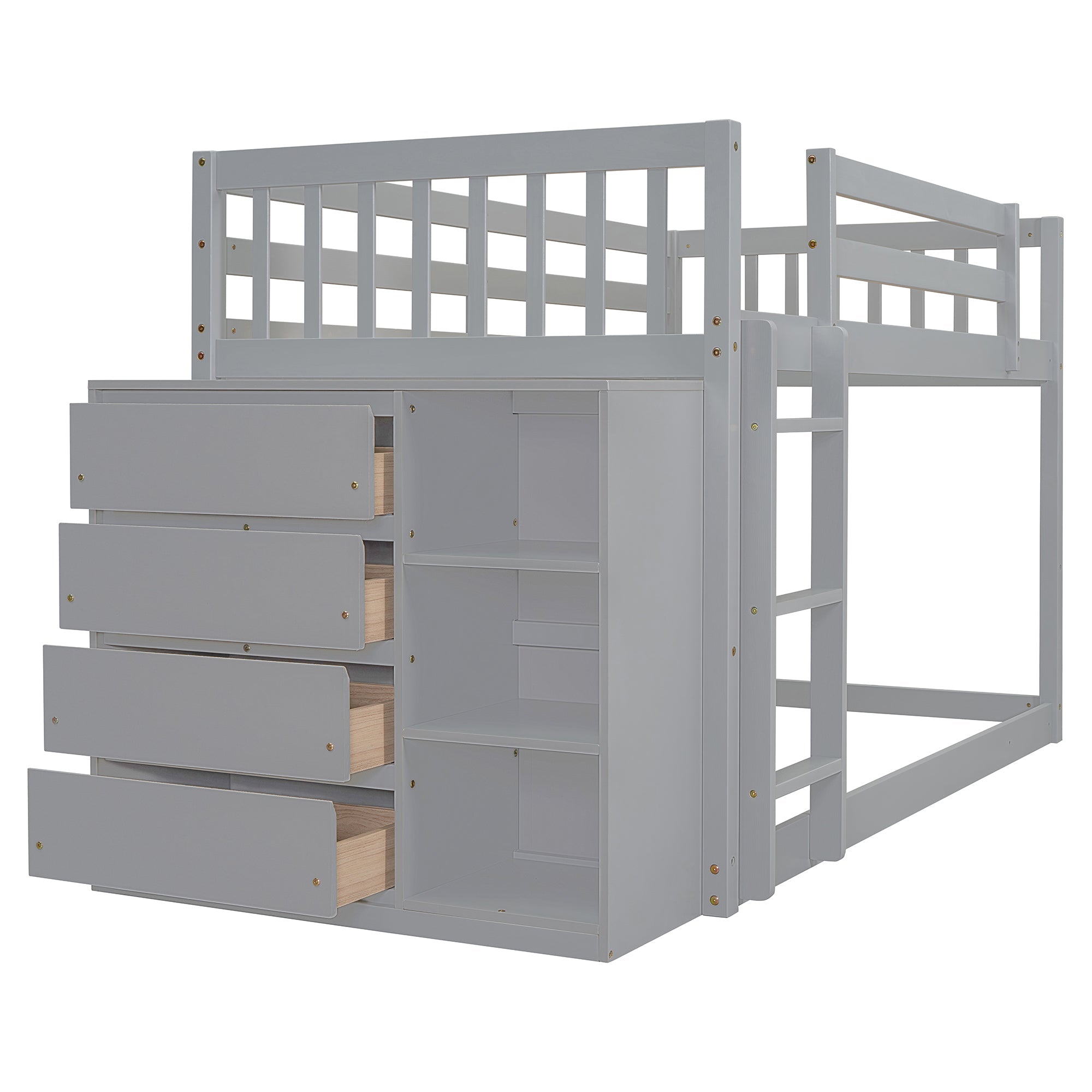 Twin Over Twin Bunk Bed with 4 Drawers and 3 Shelves - Gray