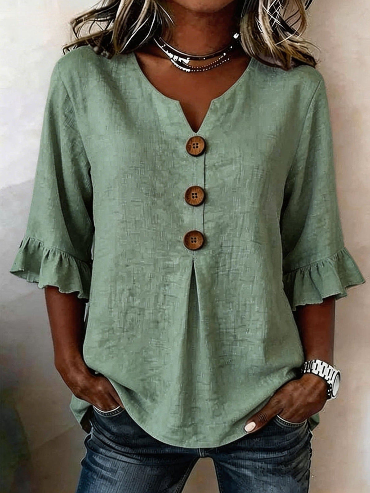 2026 Summer Women's V Neck Cotton Linen Button Up Shirt Solid Color Button Design  Short Sleeve