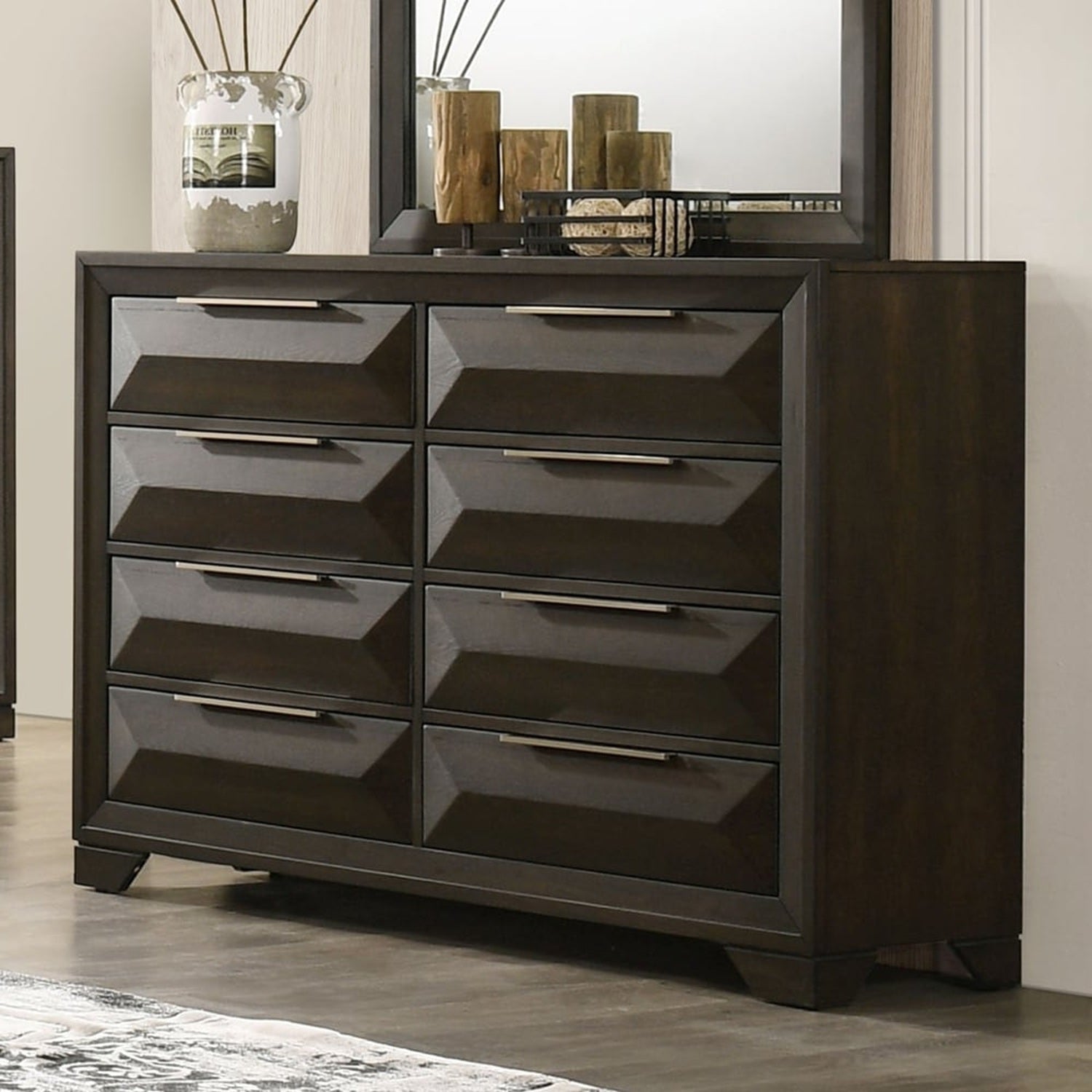 Transitional Dresser With Mirror Beveled Bracket Feet Metal Handles