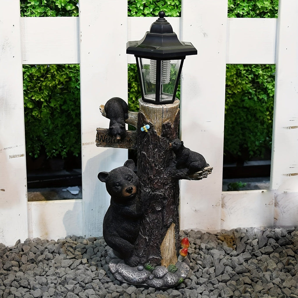 Black Bear Statue Welcome Sign with Solar Light