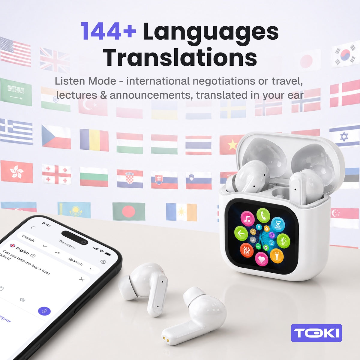 Toki Pro-5 AI Translation Earbuds With Smart LCD Charging Case