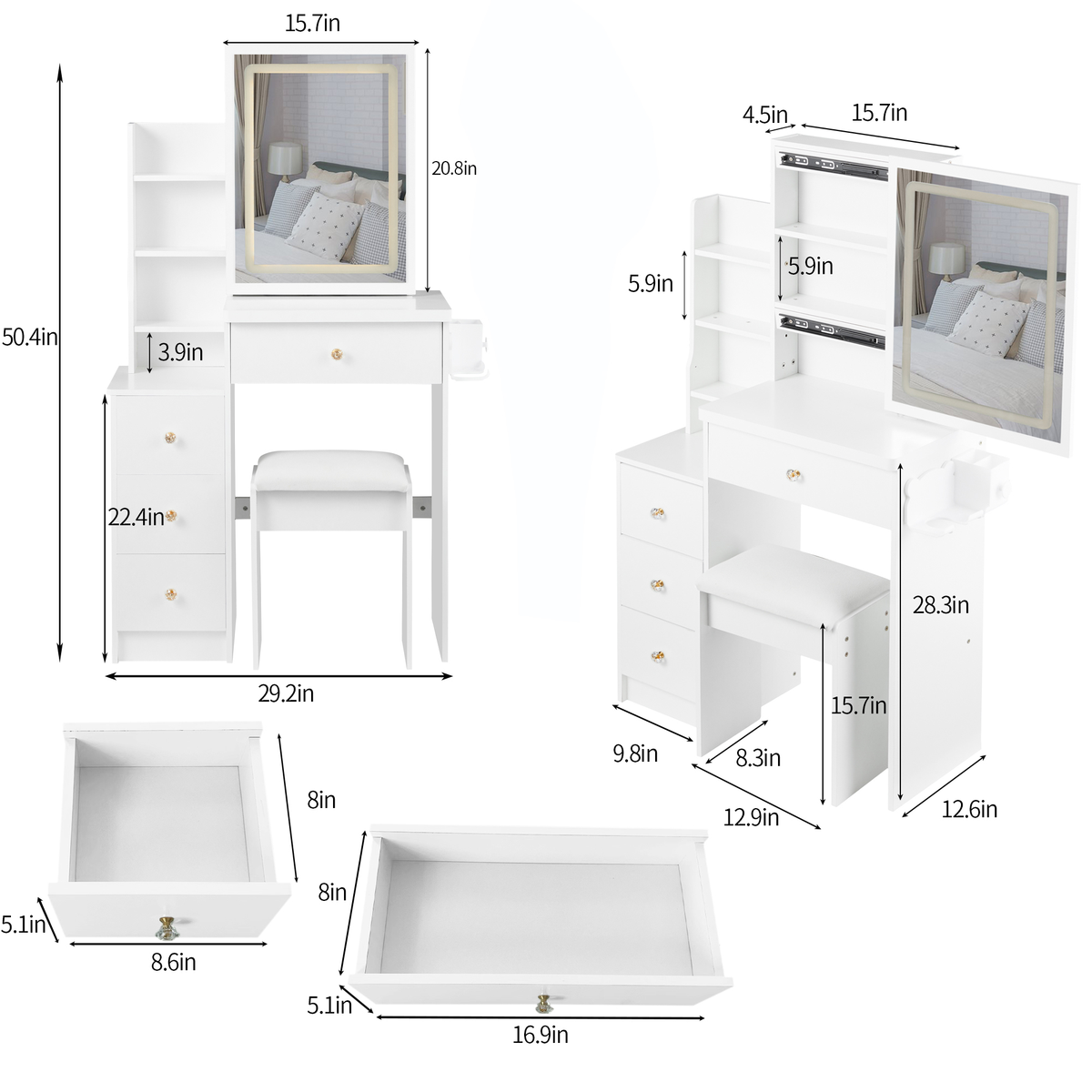 Small Size Left Bedside Cabinet Vanity Table + Cushioned Stool