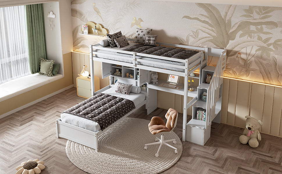 Twin Over Twin Loft Bed with Built-in Desk and Staircase