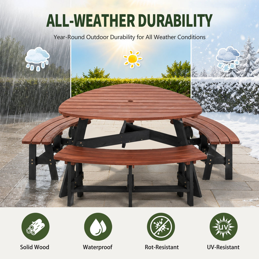 6-Person Semi-Circular Outdoor Solid Fir Wood Picnic Table Set