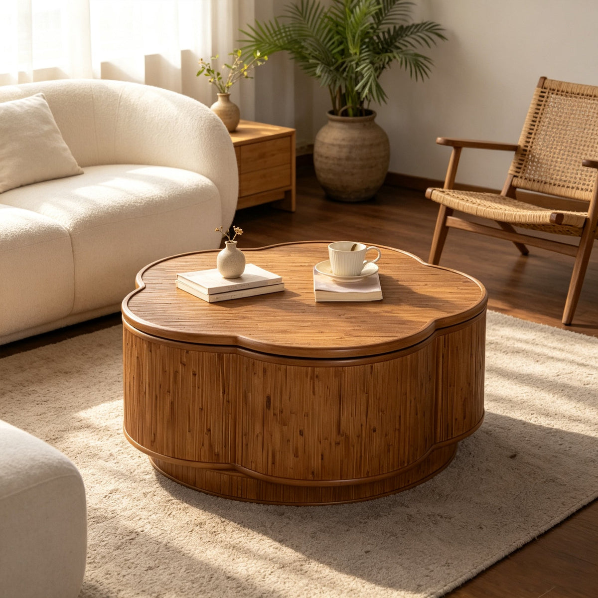 Flower-Shaped Rattan Coffee Table with Lift-Off Lid Storage