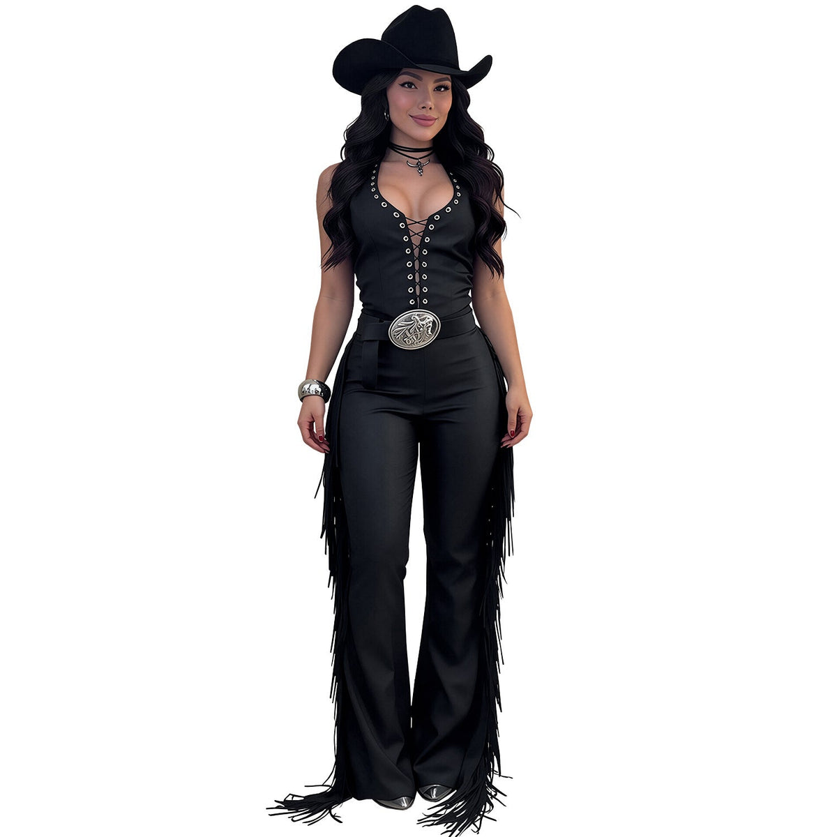 C7831 Cross Border 2026 New Women Sexy Western-style Halterneck Fringe Wide-leg Pants Slim-fit Party Jumpsuit