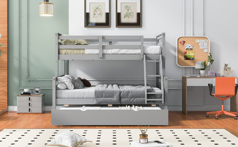 Twin Over Full Bunk Bed with Ladder, Trundle & Safety Guardrail
