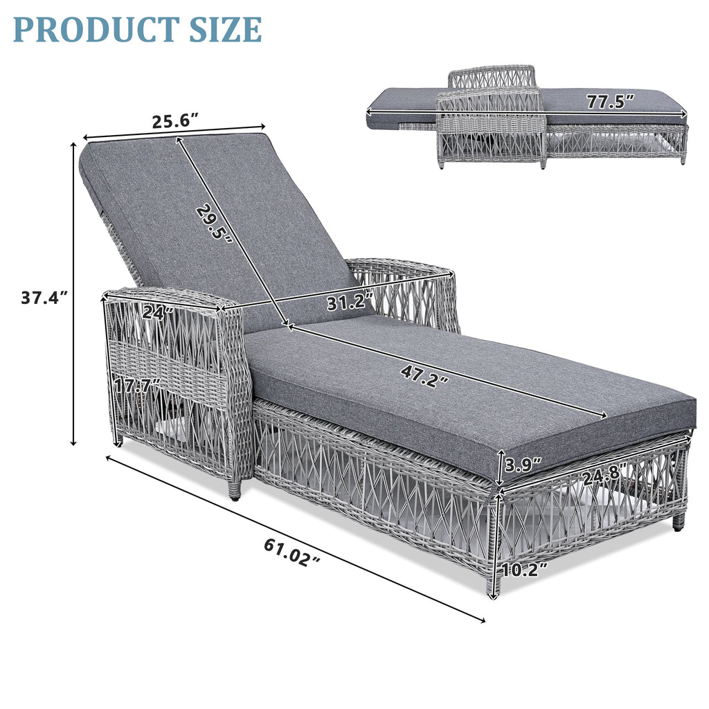GO Outdoor Long Reclining Chaise, Wicker Lounge with Armrests