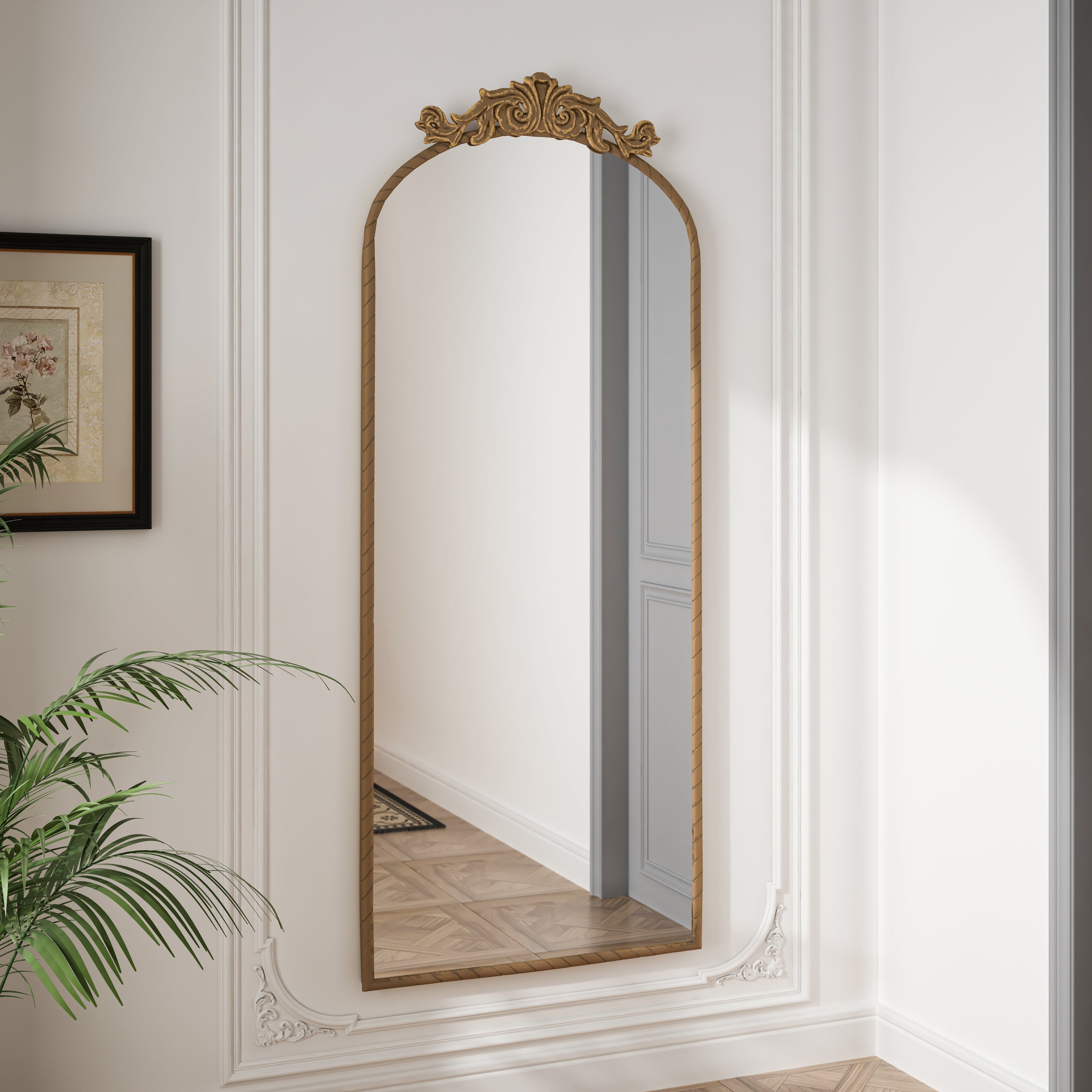 58"x24" Arched Full Body Mirror with Vintage Ornate Carving