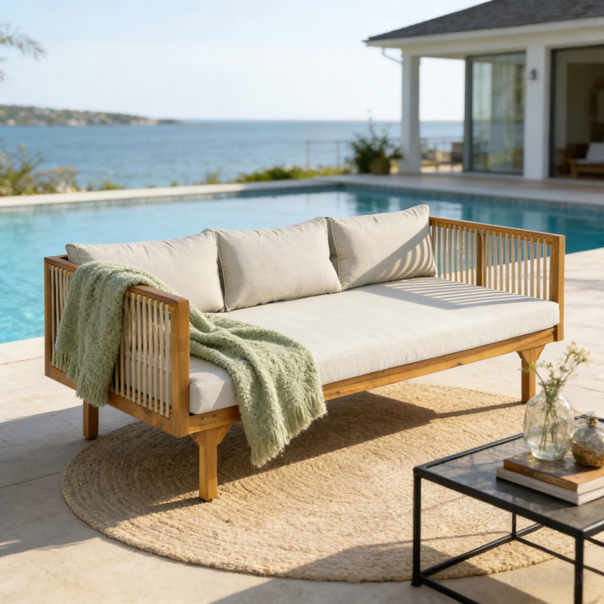 Outdoor Patio Sofa with Acacia Wood and Rope Design