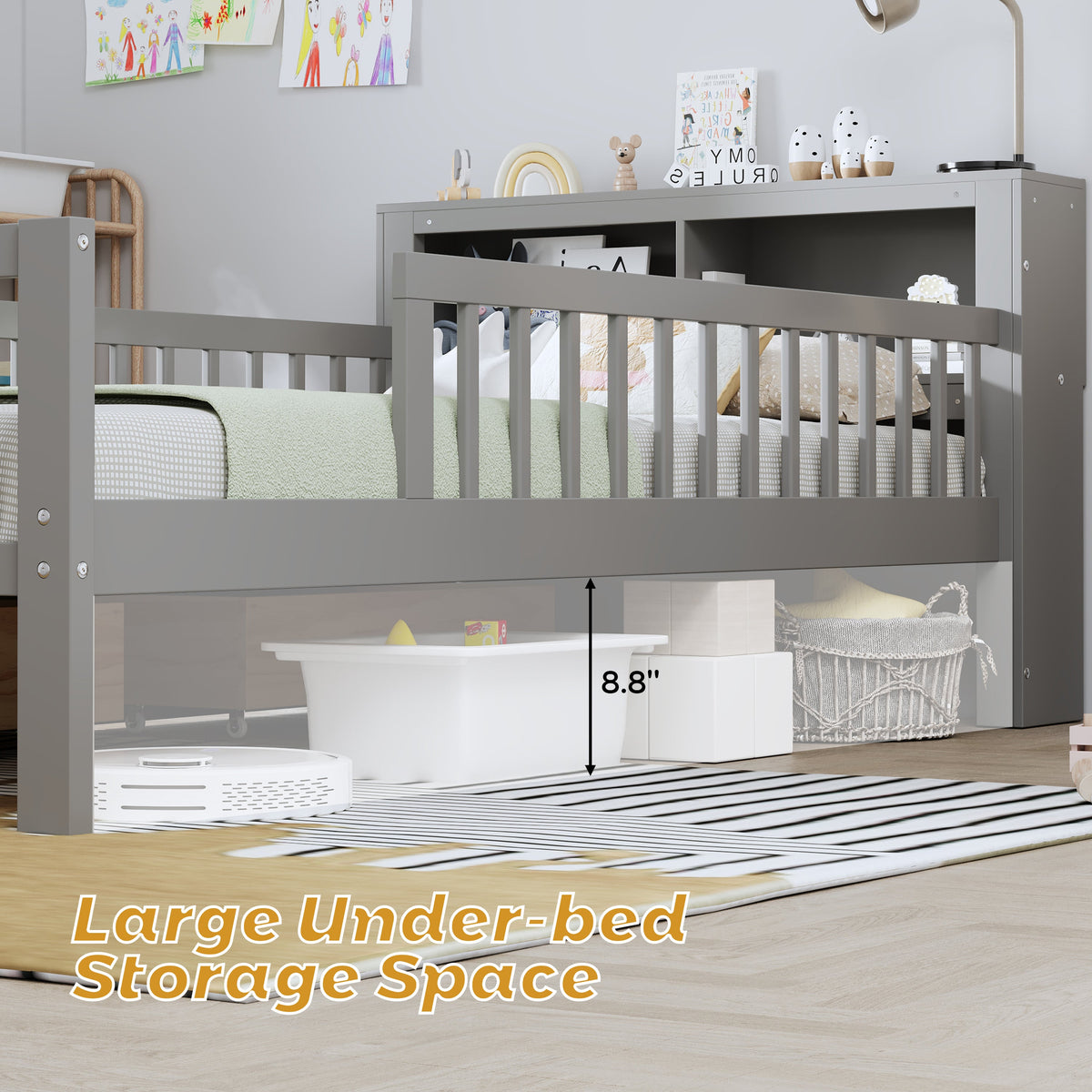 Twin Size Bed with Headboard Storage Rack and Under-Bed Drawers