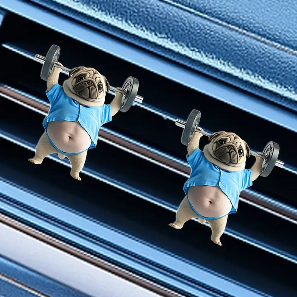 Cute Weightlifting Puppy Flat Acrylic Car Air Vent Perfume Clip Decoration