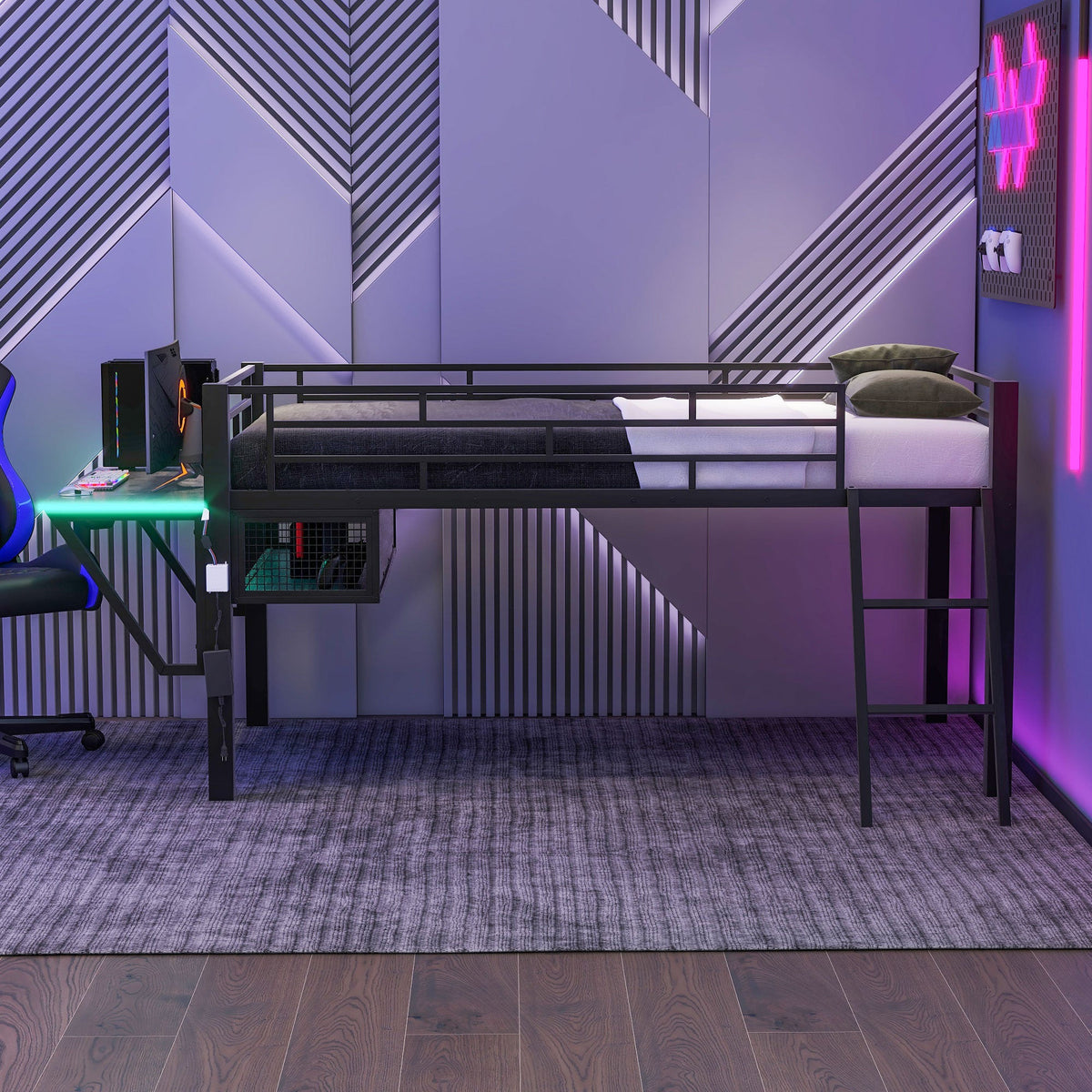 Gaming Mid Loft Bed With Desk & LED, Twin Size