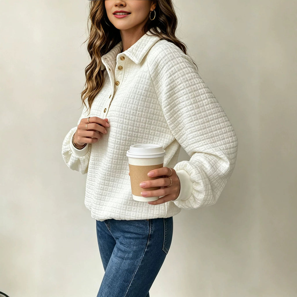 Turn-down Collar Textured Top Women's Pullover Sweatshirt