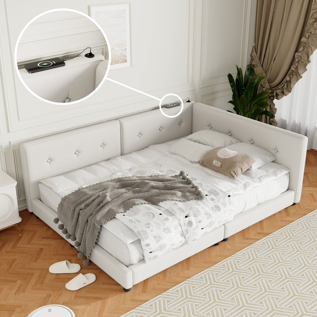 Upholstered Queen Size Platform Bed with USB Ports